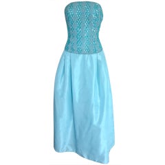 MARY MCFADDEN Haute Couture Light turquoise beaded taffeta gown