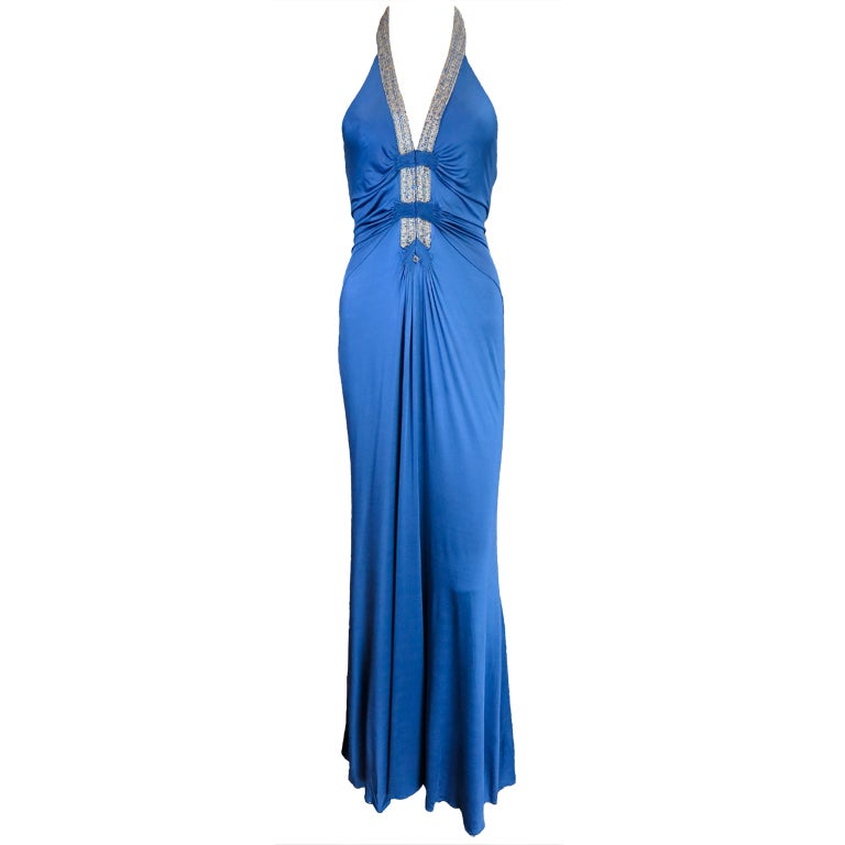 ROBERTO CAVALLI Sapphire blue crystal halter neck evening dress at 1stdibs