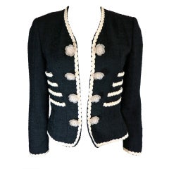 MOSCHINO Black wool boucle jacket with frosted Camellia detail