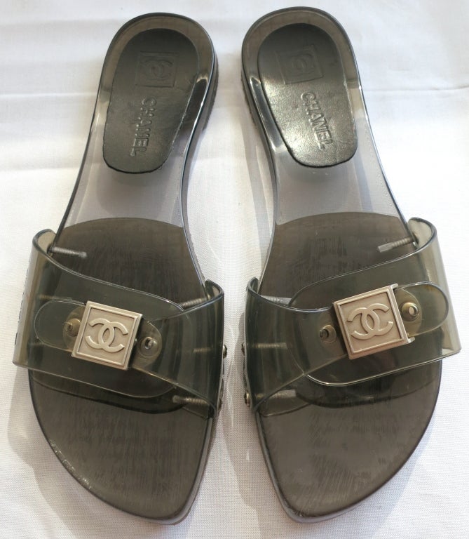 CHANEL Logo front clear lucite gray hardware slippers/sandals