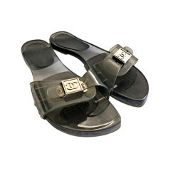 CHANEL Logo front clear lucite gray hardware slippers/sandals