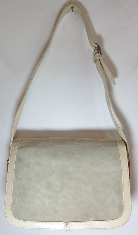 Vintage GUCCI 1980's era Suede purse with gold & wood logo front 1