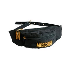 MOSCHINO 1990's Polished gold logo front black fanny pack