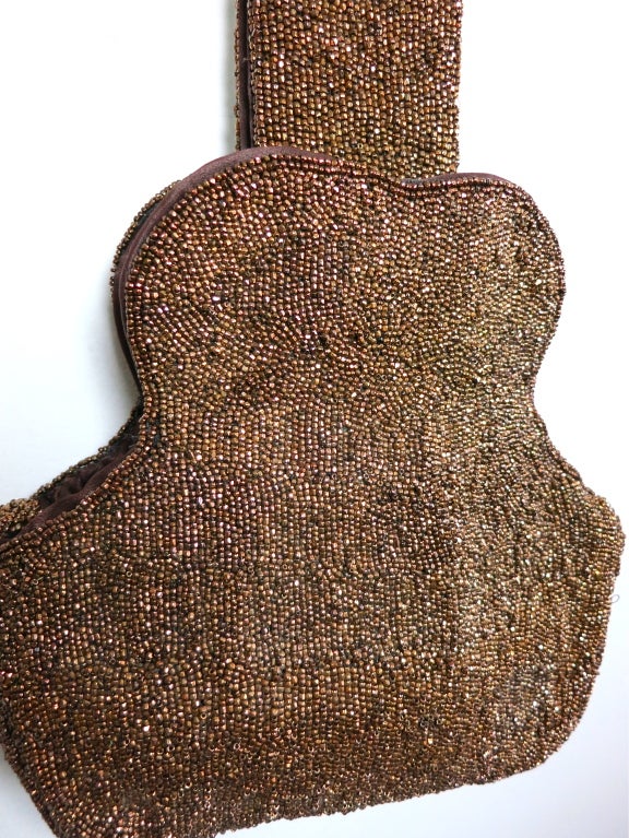 Brown Vintage 1940's Copper beaded kiss closure bag
