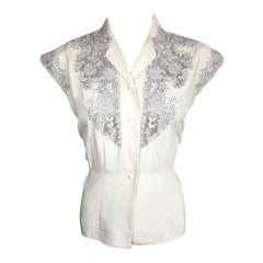 Vintage 1940's era floral embroidered lace bib front silk shirt