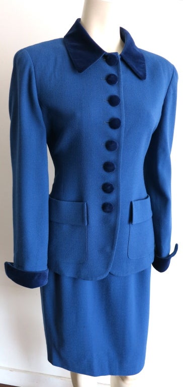 Women's CHRISTIAN DIOR 1980's era Royal blue wool crepe & velvet suit