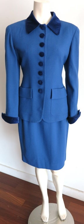 CHRISTIAN DIOR 1980's era Royal blue wool crepe & velvet suit 1