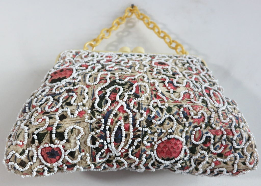 Vintage 1930's era Bakelite floral printed hand beaded purse 1
