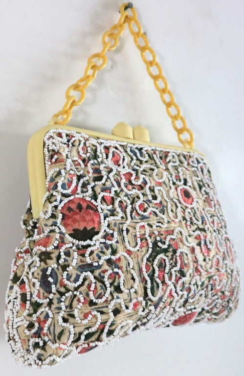 Vintage 1930's era Bakelite floral printed hand beaded purse 2