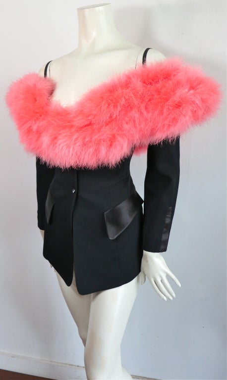 Vintage THIERRY MUGLER 1980's era  pink marabou neckline tuxedo blazer.  Signature, ergonomic princess seaming with snap down front closures.  Satin trims at angled flap pockets, and cuffs.  Elastic shoulder straps.