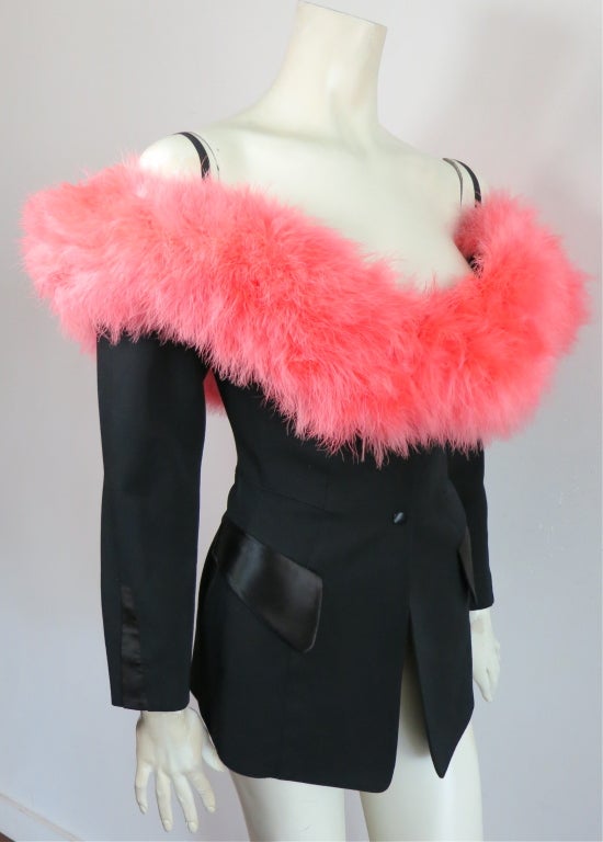 Vintage THIERRY MUGLER 1980 pink marabou neckline tuxedo blazer 1