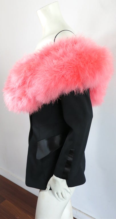 Vintage THIERRY MUGLER 1980 pink marabou neckline tuxedo blazer 2