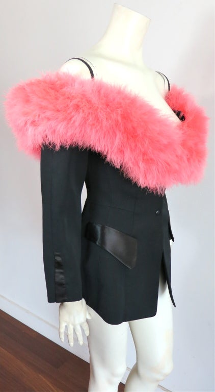 Vintage THIERRY MUGLER 1980 pink marabou neckline tuxedo blazer 4