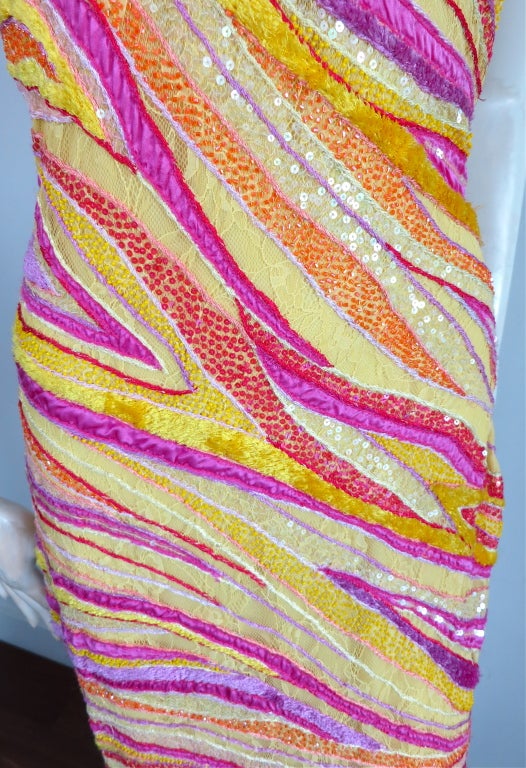 NAEEM KHAN Hand beaded yellow & magenta full length dress In Excellent Condition In Newport Beach, CA