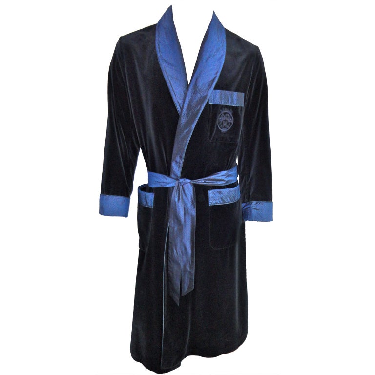 HERMÉS PARIS sapphire blue silk velvet embroidered men's robe at 1stDibs