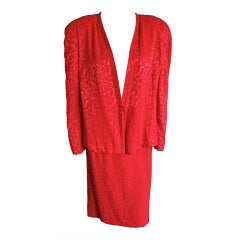 Vintage CAROLINA HERRERA 1980's era Poppy red jacquard skirt suit