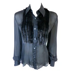 ROBERTO CAVALLI black silk chiffon mink fur bib front tux shirt
