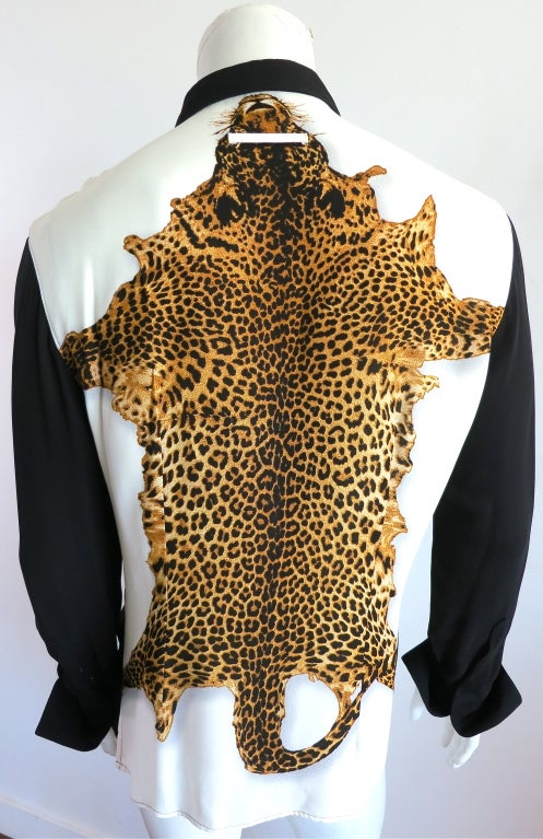 JEAN PAUL GAULTIER Men's leopard skin printed shirt.  Black matte jersey front with french cuffs.  Signature locker loop back.  Left chest patch pocket