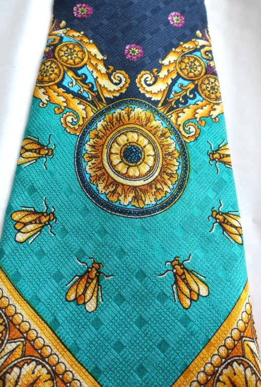 GIANNI VERSACE Early 1990's men's bee medallion printed silk tie 2