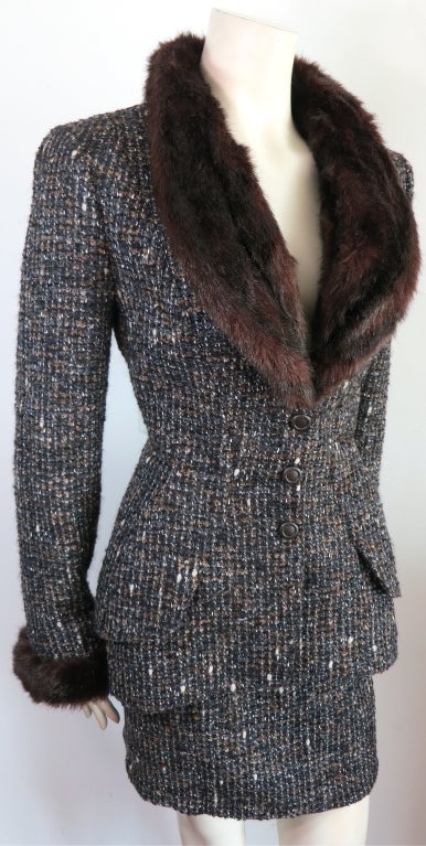 Vintage THIERRY MUGLER 1980's tweed suit with fur collar & cuffs
