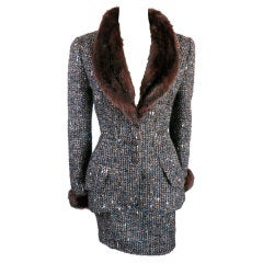 Vintage THIERRY MUGLER 1980's tweed suit with fur collar & cuffs