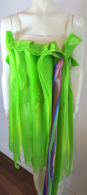 Green ISSEY MIYAKE green sateen pleated cascade dress For Sale