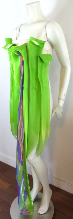Women's ISSEY MIYAKE green sateen pleated cascade dress For Sale