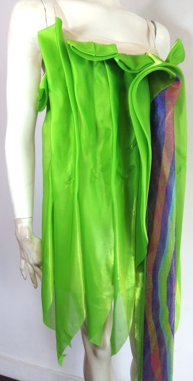 ISSEY MIYAKE green sateen pleated cascade dress For Sale 2
