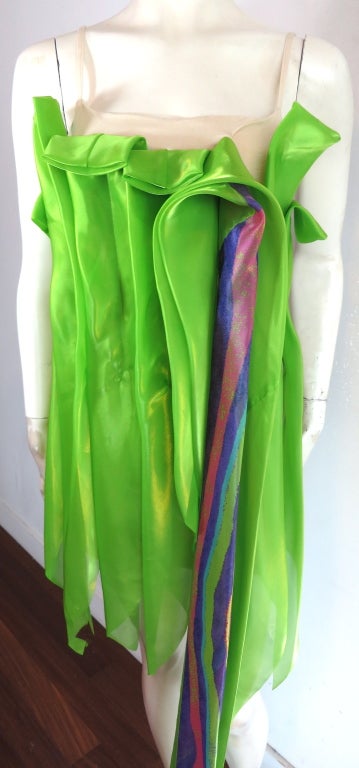 ISSEY MIYAKE green sateen pleated cascade dress For Sale 3