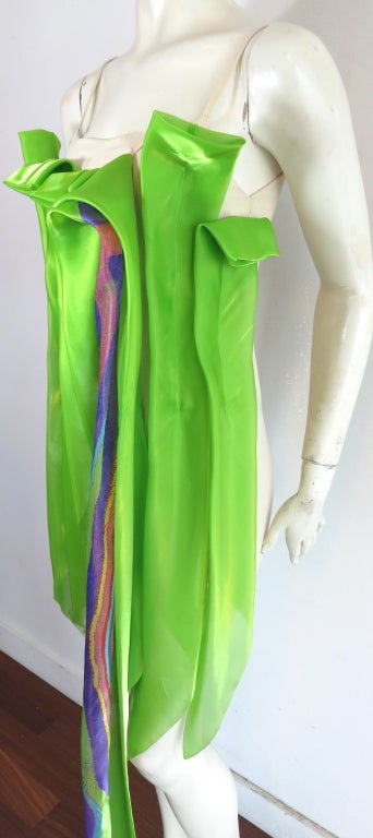 ISSEY MIYAKE green sateen pleated cascade dress For Sale 4