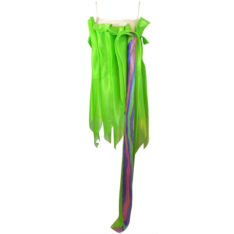 ISSEY MIYAKE green sateen pleated cascade dress For Sale
