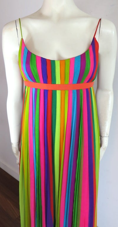 Vintage 1970's era silk chiffon rainbow stripe pleated dress In Excellent Condition In Newport Beach, CA
