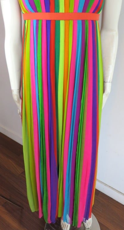 Women's Vintage 1970's era silk chiffon rainbow stripe pleated dress
