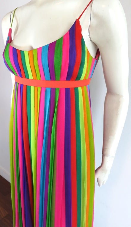 Vintage 1970's era silk chiffon rainbow stripe pleated dress 2