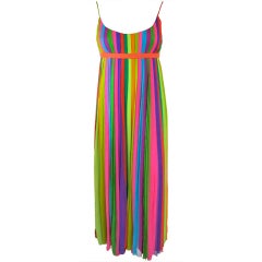 Vintage 1970's era silk chiffon rainbow stripe pleated dress