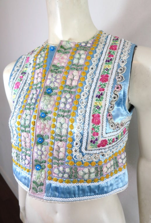 Women's Vintage 1970's era floral hand embroidered satin vest