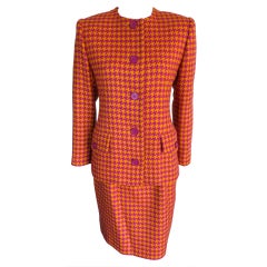 Vintage GIVENCHY 1980's tangerine/fuchsia houndstooth skirt suit