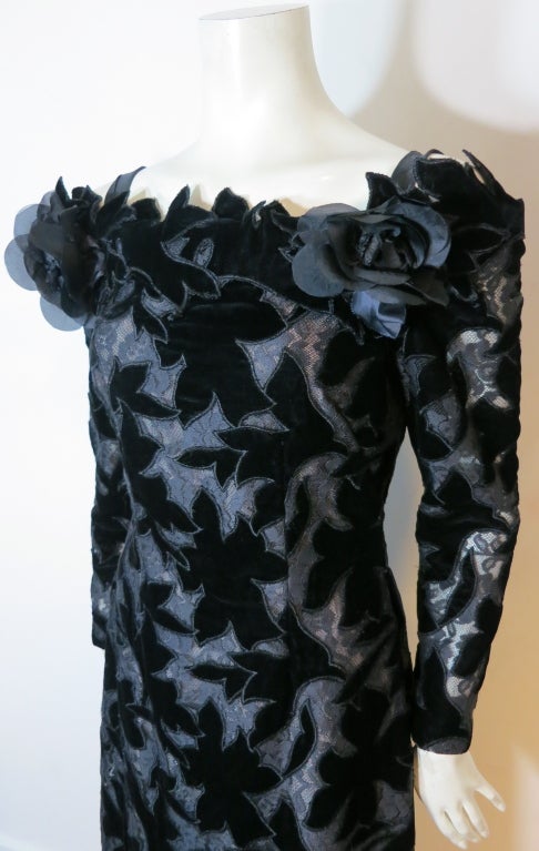 Black Vintage SCAASI black velvet & lace appliqué detail dress