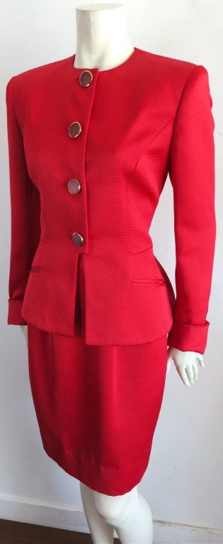 Vintage CHRISTIAN DIOR 1980's era scarlet silk ribbed skirt suit In Excellent Condition In Newport Beach, CA