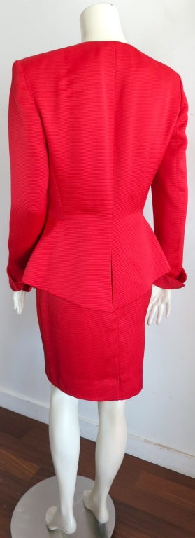 Vintage CHRISTIAN DIOR 1980's era scarlet silk ribbed skirt suit 1
