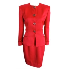 Vintage CHRISTIAN DIOR 1980's era scarlet silk ribbed skirt suit