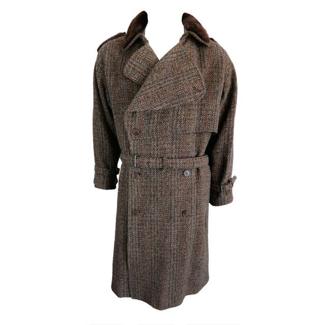 Vintage GUCCI Men's 1970's era herringbone tweed trench coat at 1stDibs