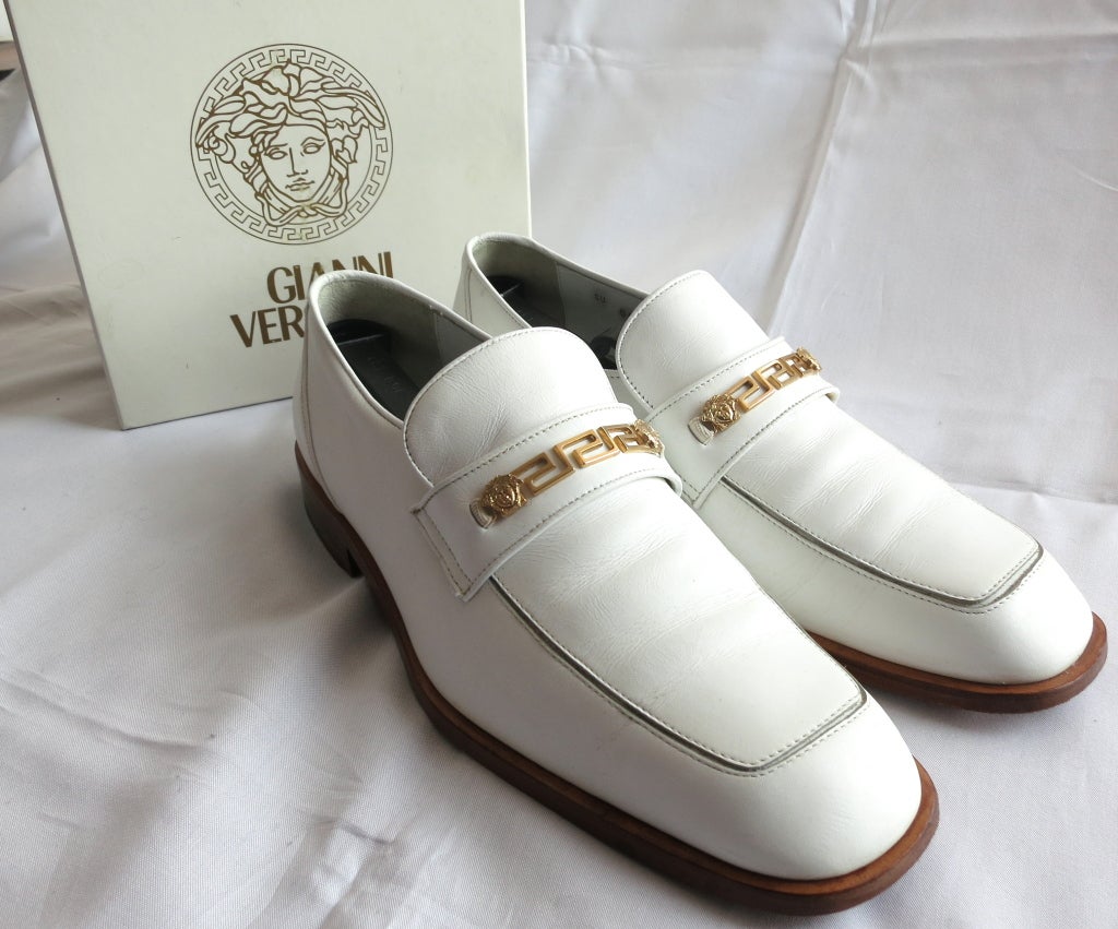 Men's GIANNI VERSACE Early 1990's men's white & gold leather loafers