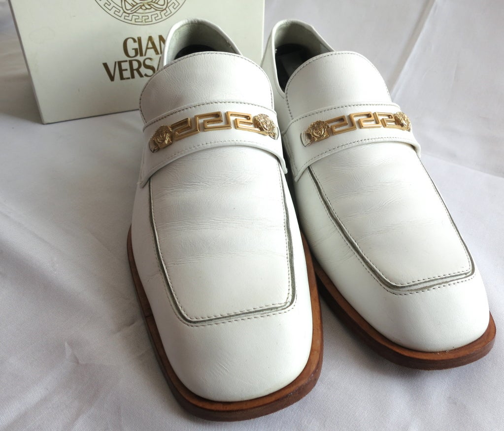 GIANNI VERSACE Early 1990's men's white & gold leather loafers 1