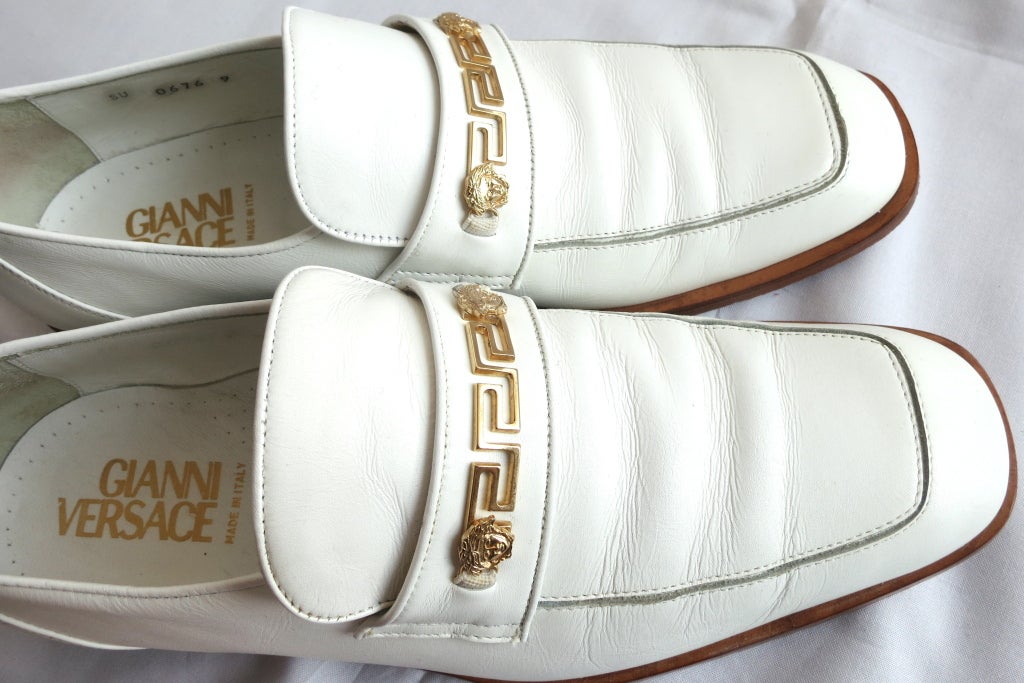 GIANNI VERSACE Early 1990's men's white & gold leather loafers 2