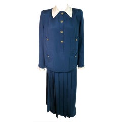 Vintage CHANEL PARIS 1980's Navy & Ivory silk skirt suit set
