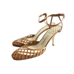 Vintage CHANEL Beige leather lattice front ankle strap heels
