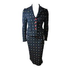 MOSCHINO ITALY Black virgin wool embroidered floral skirt suit