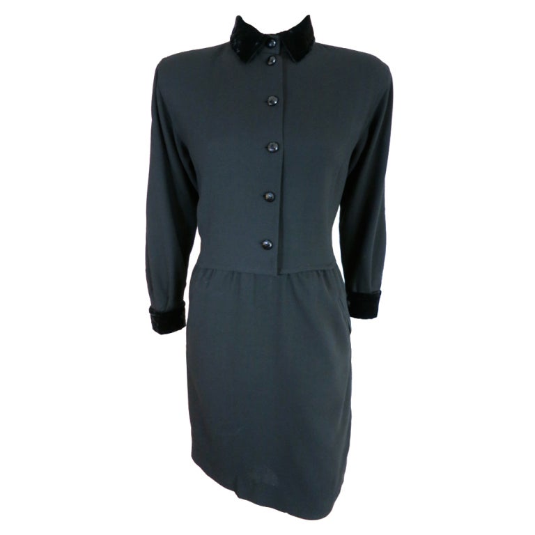 Vintage GUCCI 1980's era black crepe dress with velvet trim at 1stdibs