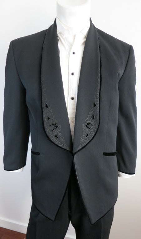 Vintage MATSUDA NICOLE JAPAN 1980 Men's velvet applique tuxedo suit.  Embroidered  front shawl lapel with signature 'M' & 'N' velvet appliques, and velvet edge piping.  High-waisted pant silhouette with triple velvet button front entry, and back